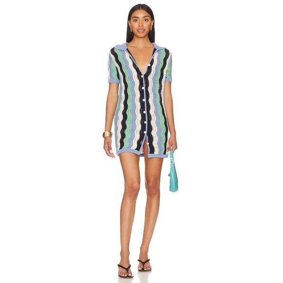 HEARTLOOM Carlisle Cover Up Dress Knit Blue Green Cream Black Size Medium Collar - Picture 1 of 16